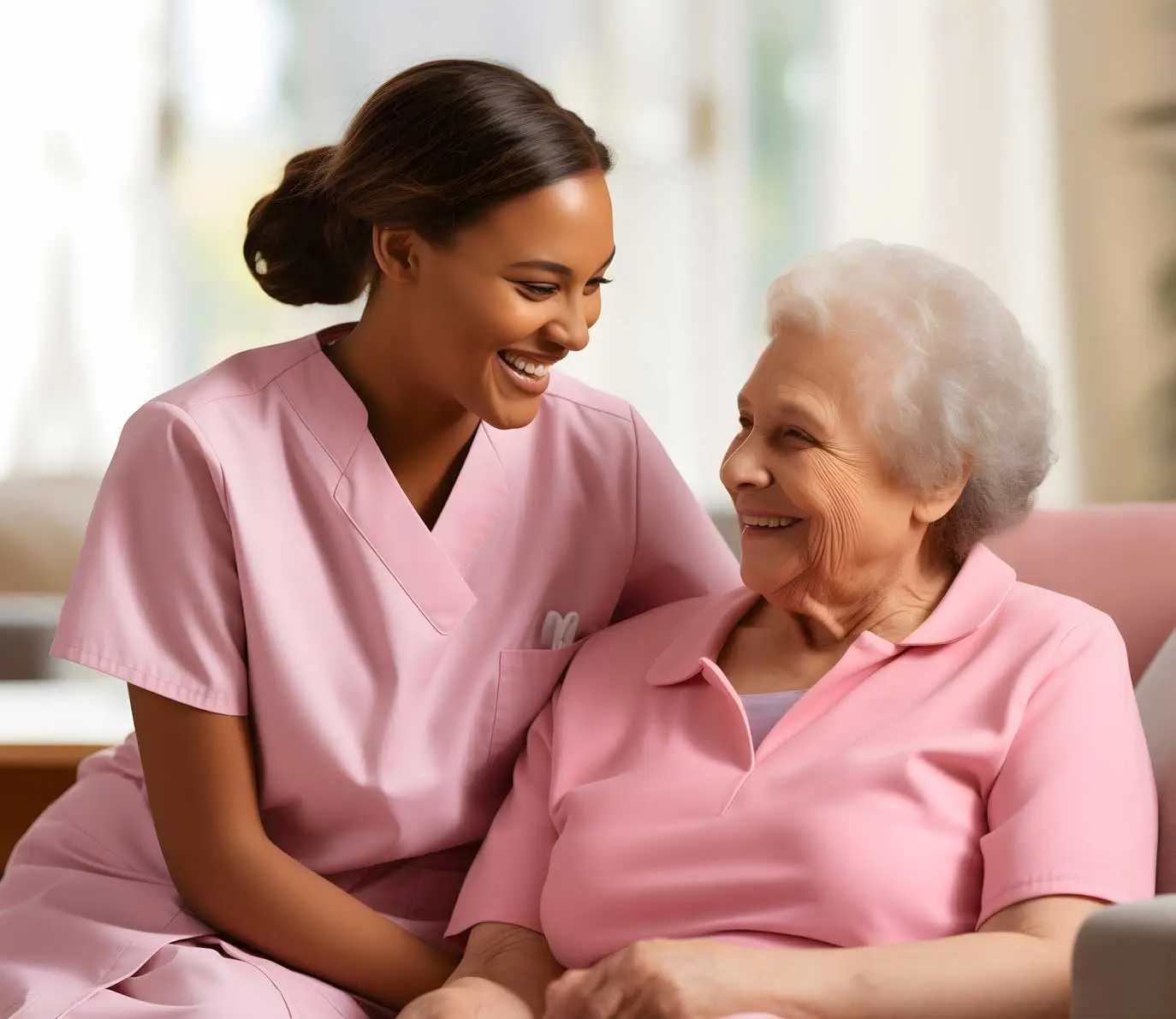 Home Caregiver Assistance for Elderly Fall Prevention and Recovery Care - Supreme Homecare Elderly woman receiving fall prevention and recovery care assistance from home nursing caregiver.