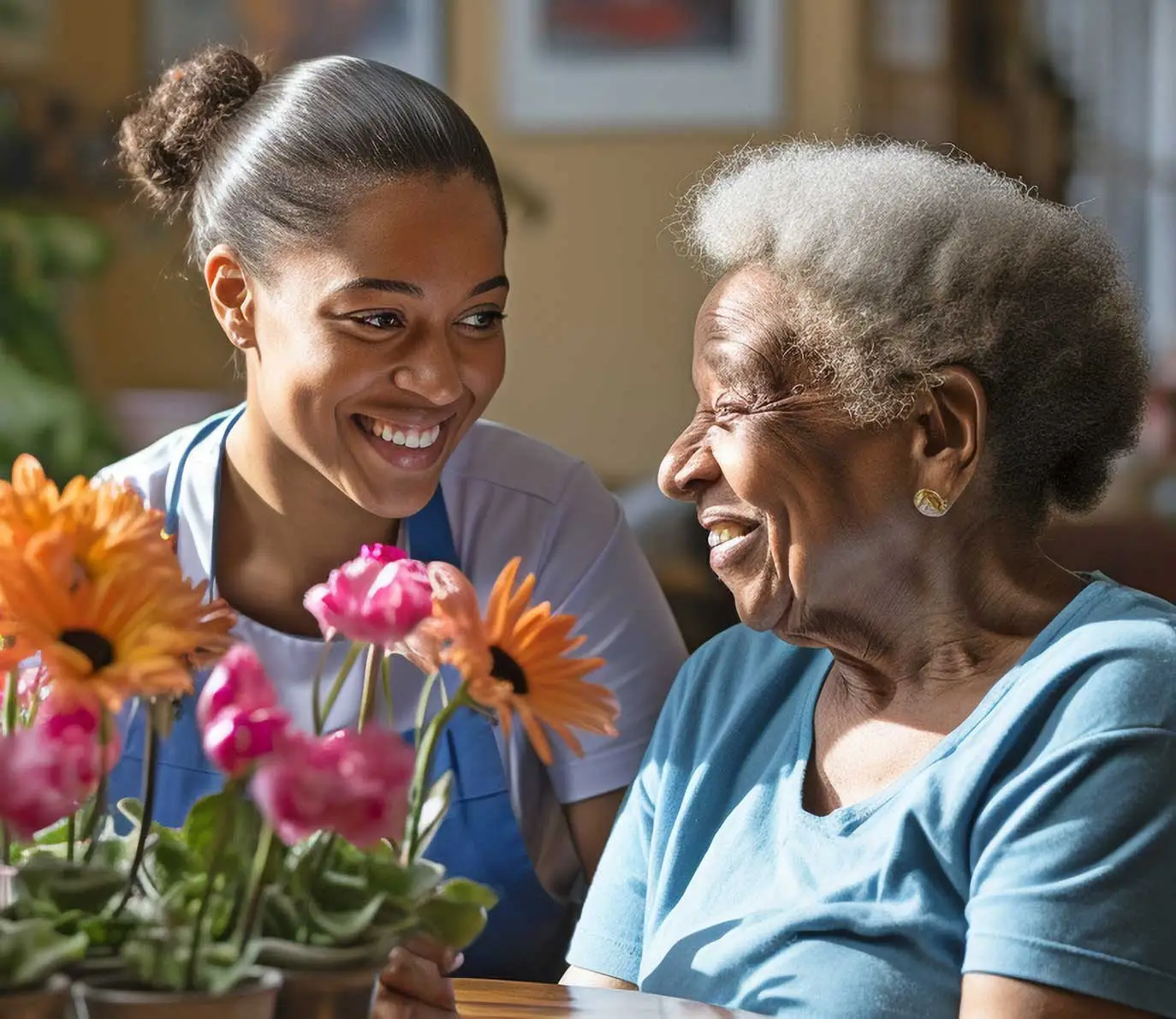 Homemaking Care Services: Compassionate Young Caregiver with Elderly Patient at Home - Supreme Homecare Young female caregiver providing assistance to a senior patient in a comfortable home setting.