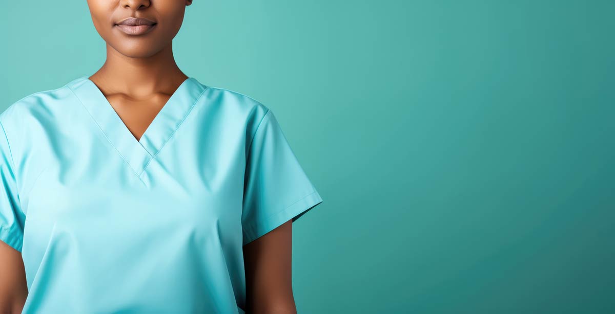 Confident caregiver in professional uniform standing against a serene solid color background, symbolizing dedication and care in home care services.