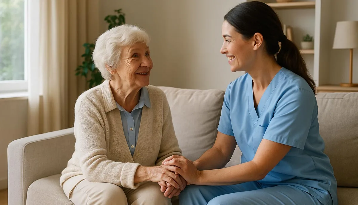 Compassionate In-Home Senior Care with Personalized Support - Supreme Homecare Elderly woman smiling while holding hands with a caregiver in a sunlit living room, symbolizing comfort and compassionate in-home care.
