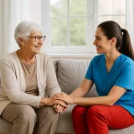 In-Home Senior Care: Compassion and Support at Home - Supreme Homecare A smiling senior woman sits on a sofa holding hands with a young caregiver wearing a blue top and red pants, sharing a warm moment in a sunlit home.