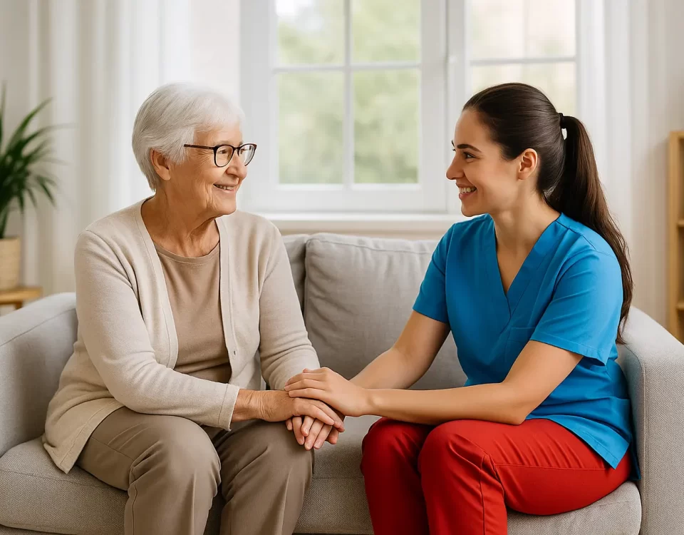 A smiling senior woman sits on a sofa holding hands with a young caregiver wearing a blue top and red pants, sharing a warm moment in a sunlit home.