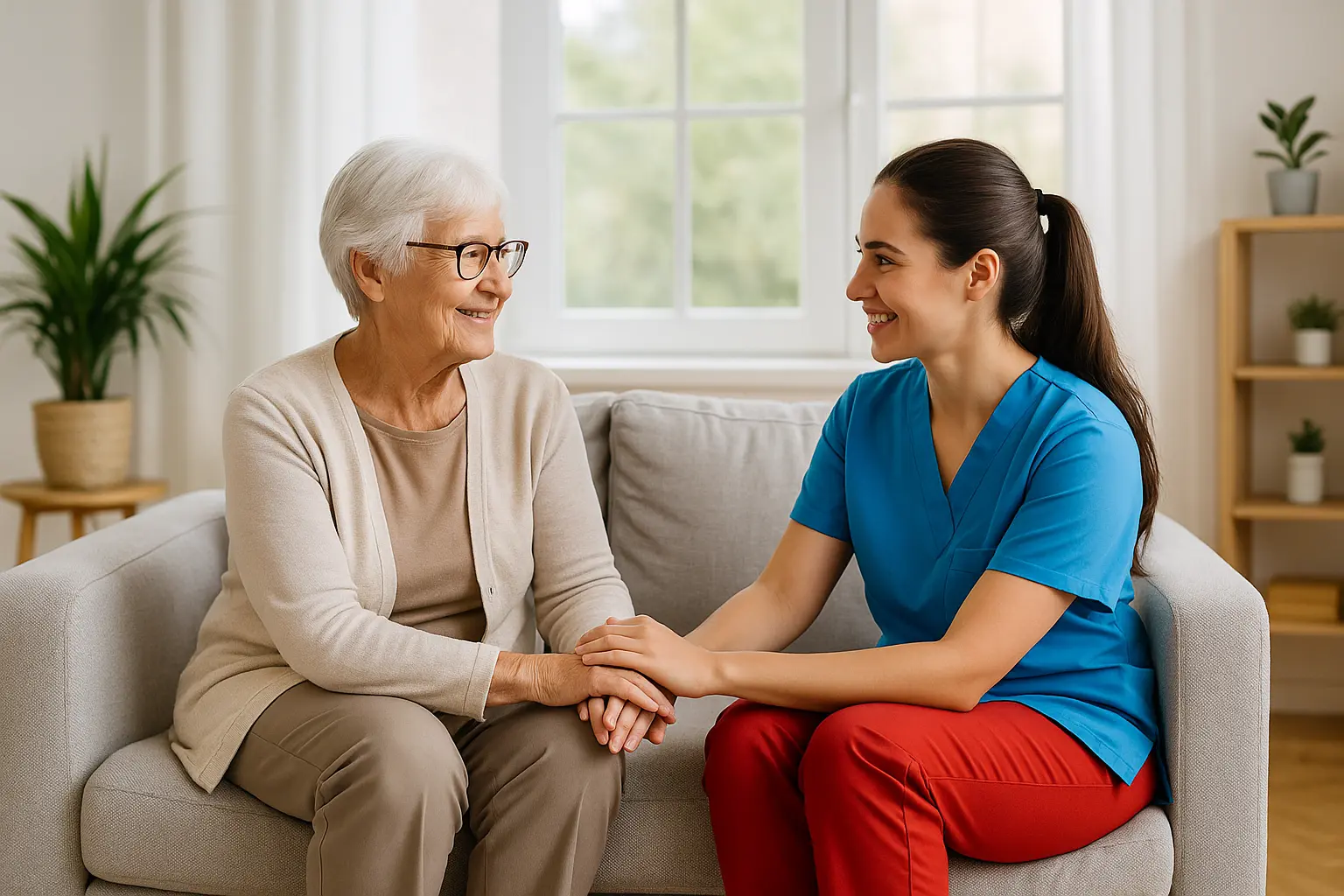 In-Home Senior Care: Compassion and Support at Home - Supreme Homecare A smiling senior woman sits on a sofa holding hands with a young caregiver wearing a blue top and red pants, sharing a warm moment in a sunlit home.