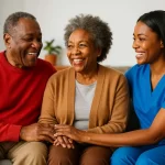 Trusted Elderly Home Care – Compassion You Can Count On - Supreme Homecare Smiling African American elderly couple sitting with a female caregiver in a warm, home environment, wearing brand-aligned red and blue tones.