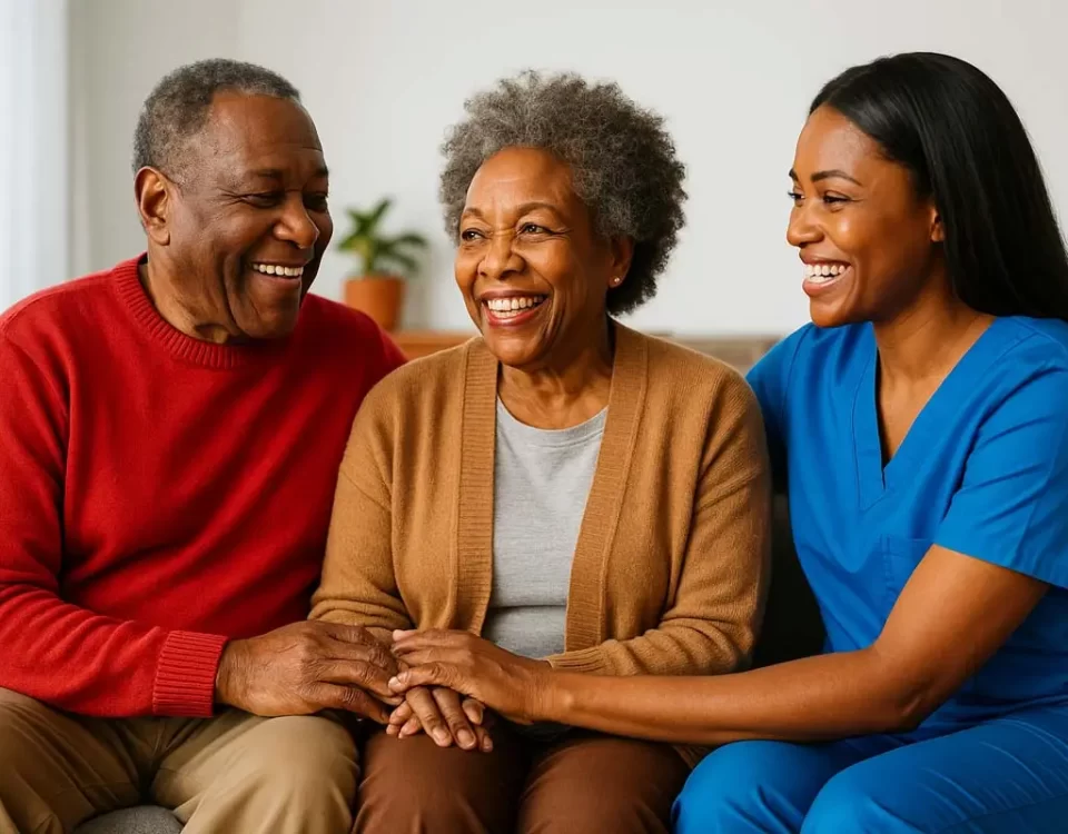 Trusted Elderly Home Care – Compassion You Can Count On - Supreme Homecare Smiling African American elderly couple sitting with a female caregiver in a warm, home environment, wearing brand-aligned red and blue tones.