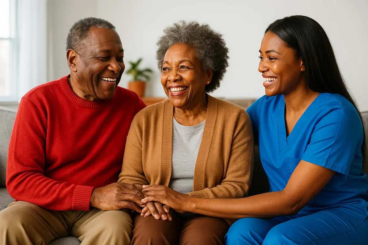 Trusted Elderly Home Care – Compassion You Can Count On - Supreme Homecare Smiling African American elderly couple sitting with a female caregiver in a warm, home environment, wearing brand-aligned red and blue tones.