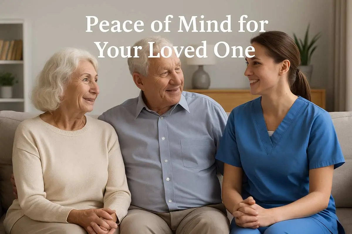 Peace of Mind for Your Loved One – Trusted Elderly Care in a Supportive Environment - Supreme Homecare Elderly couple smiling with a young caregiver on a sofa, with the headline "Peace of Mind for Your Loved One" displayed above them in a calm, home-like setting.