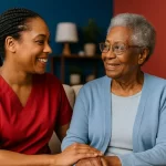 Professional Caregiver Offering In-Home Support to Elderly Woman - Supreme Homecare African American female caregiver in red scrubs smiling warmly at an elderly woman in a light blue cardigan, sitting together on a couch in a cozy living room.