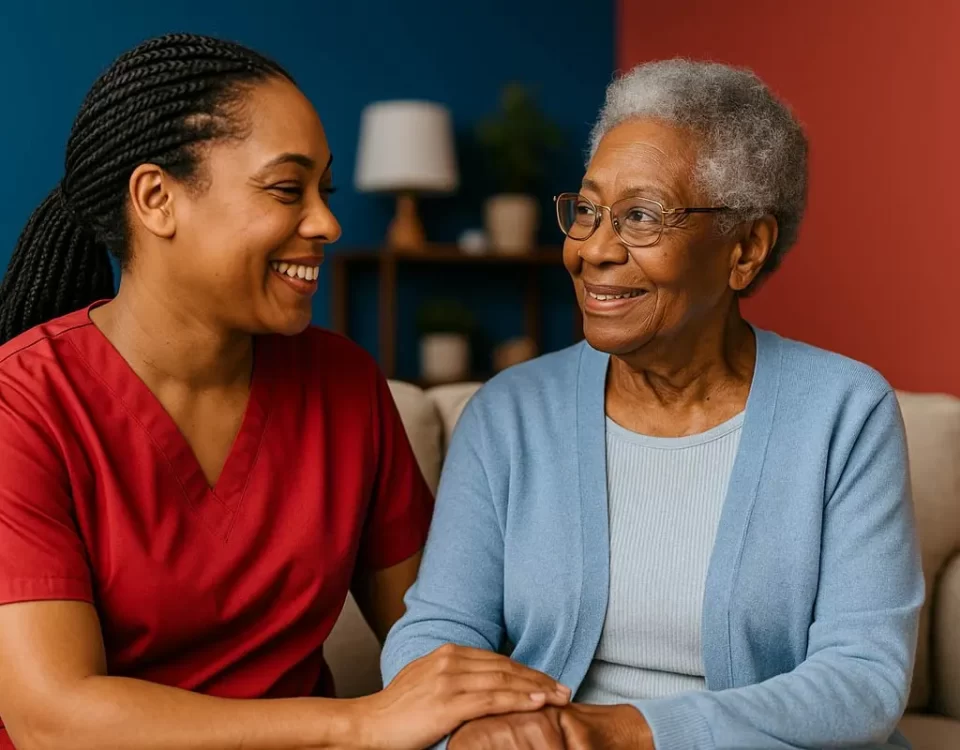 African American female caregiver in red scrubs smiling warmly at an elderly woman in a light blue cardigan, sitting together on a couch in a cozy living room.
