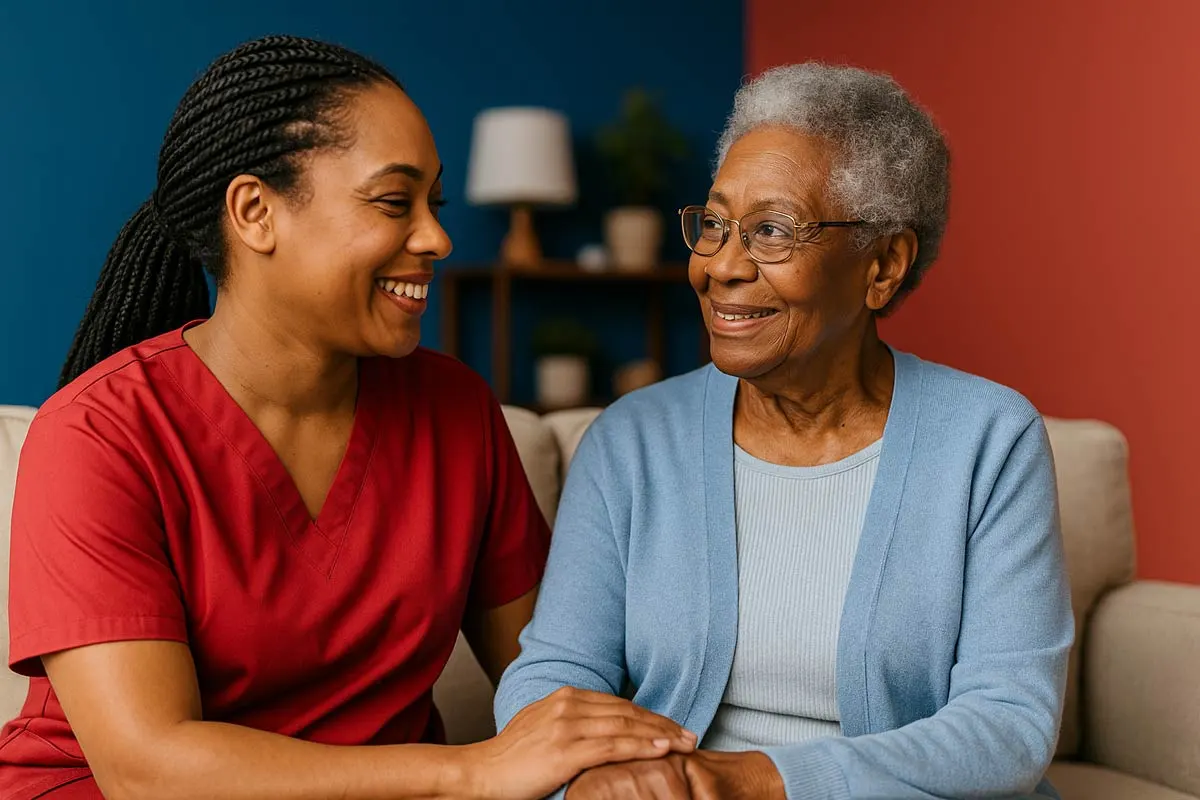 Professional Caregiver Offering In-Home Support to Elderly Woman - Supreme Homecare African American female caregiver in red scrubs smiling warmly at an elderly woman in a light blue cardigan, sitting together on a couch in a cozy living room.
