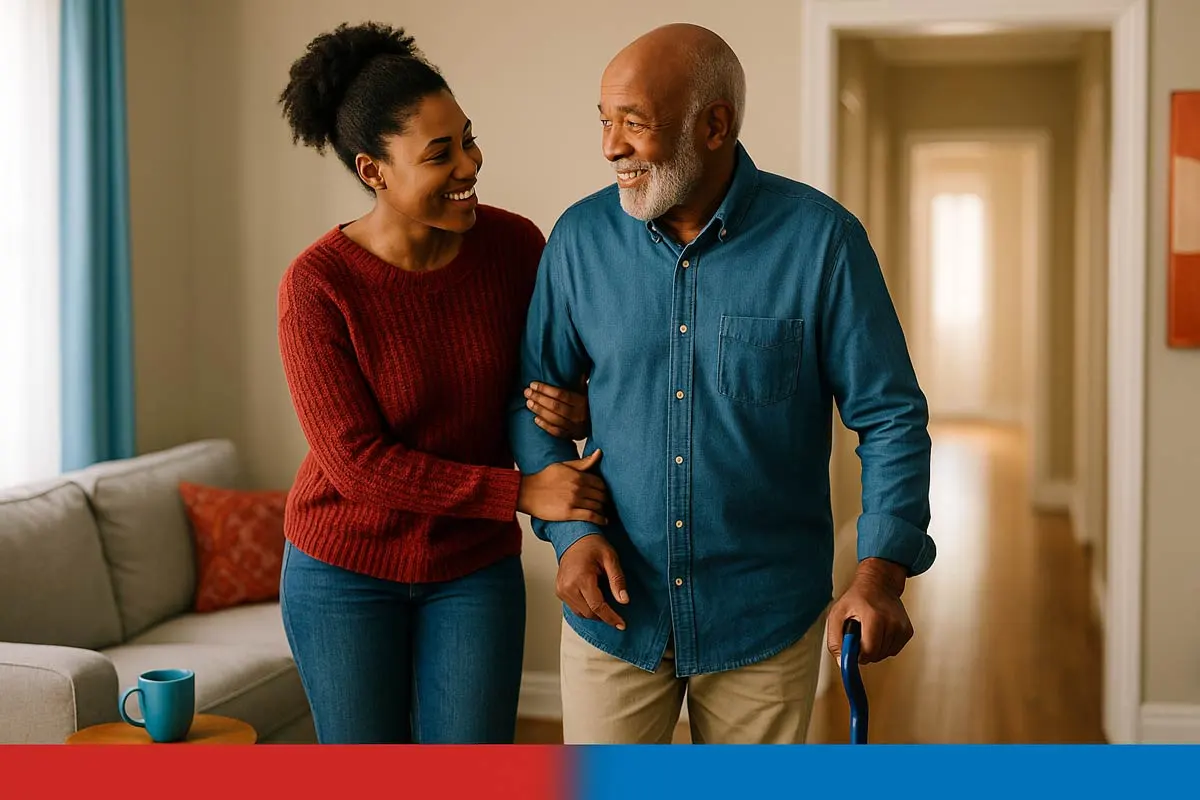 African American Family Caregiver Assisting Loved One at Home - Supreme Homecare African American caregiver smiling while assisting an elderly man walking with a cane in a sunlit living room, reflecting warmth and support.