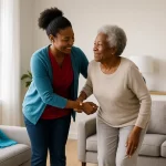 Compassionate Personal Care Assistance at Home - Supreme Homecare African American caregiver helping an elderly woman stand up in a bright living room with supportive and compassionate care