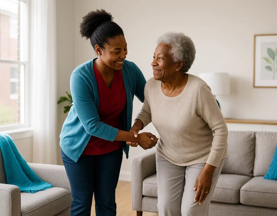 African American caregiver helping an elderly woman stand up in a bright living room with supportive and compassionate care