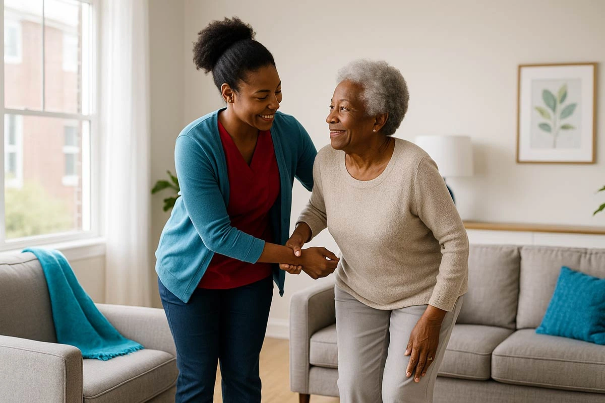 Compassionate Personal Care Assistance at Home - Supreme Homecare African American caregiver helping an elderly woman stand up in a bright living room with supportive and compassionate care
