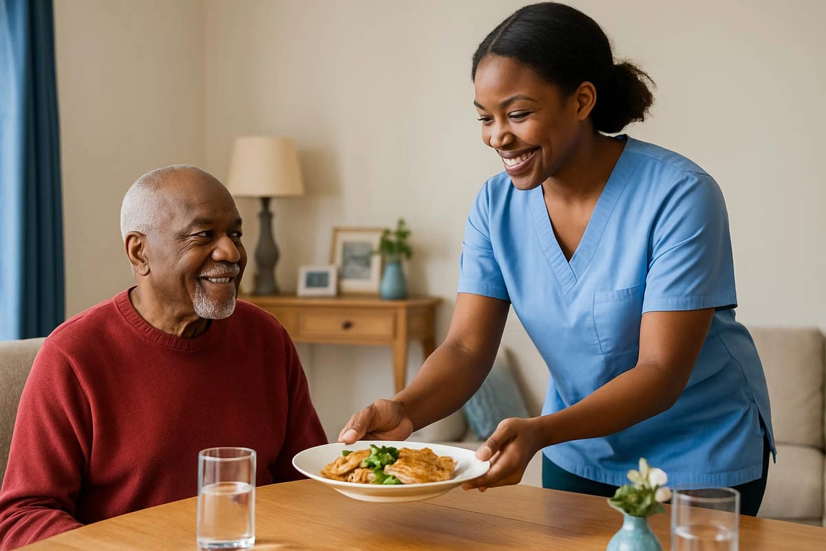 Personal Care Services Promoting Dignity and Companionship - Supreme Homecare African American caregiver serving a meal to an elderly man at home, highlighting companionship and dignity in care.