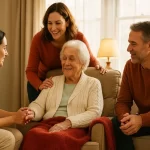 Hospice Care at Home – Comfort and Family Support - Supreme Homecare Hospice caregiver supporting elderly patient with family in cozy living room.