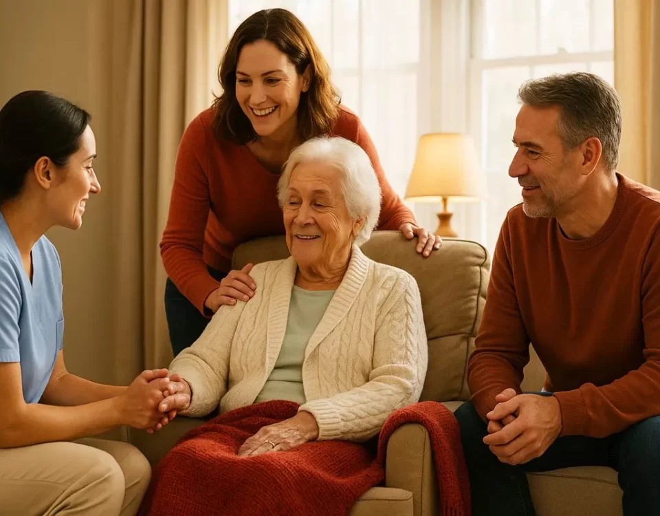 Hospice Care at Home – Comfort and Family Support - Supreme Homecare Hospice caregiver supporting elderly patient with family in cozy living room.