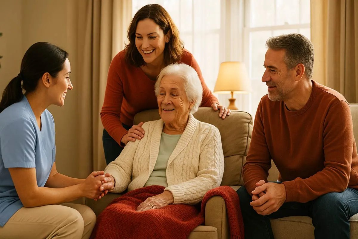 Hospice Care at Home – Comfort and Family Support - Supreme Homecare Hospice caregiver supporting elderly patient with family in cozy living room.