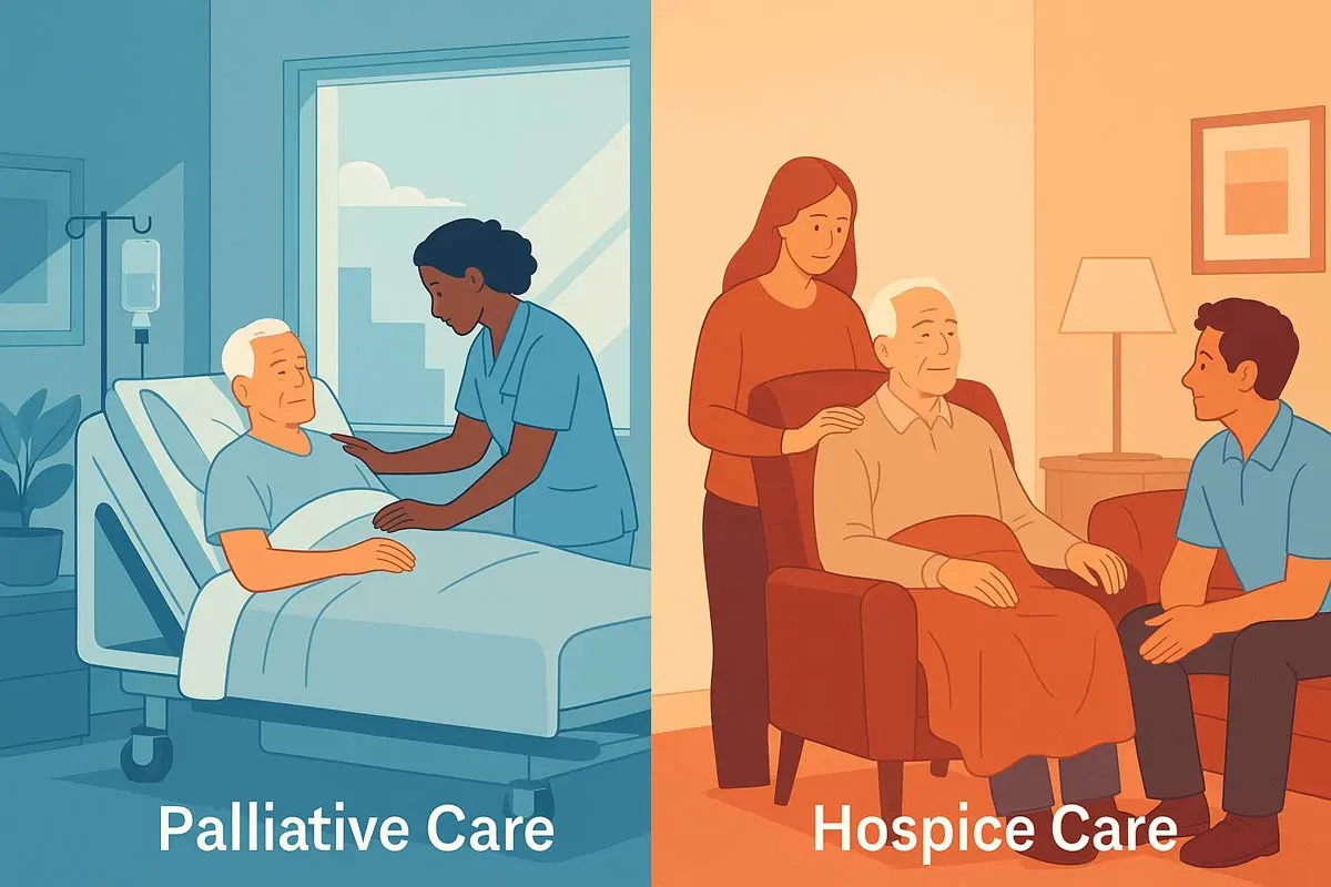 Palliative vs Hospice Care Comparison – Support and Comfort - Supreme Homecare Split-screen illustration comparing palliative care in a hospital with hospice care at home, highlighting comfort, dignity, and family support.