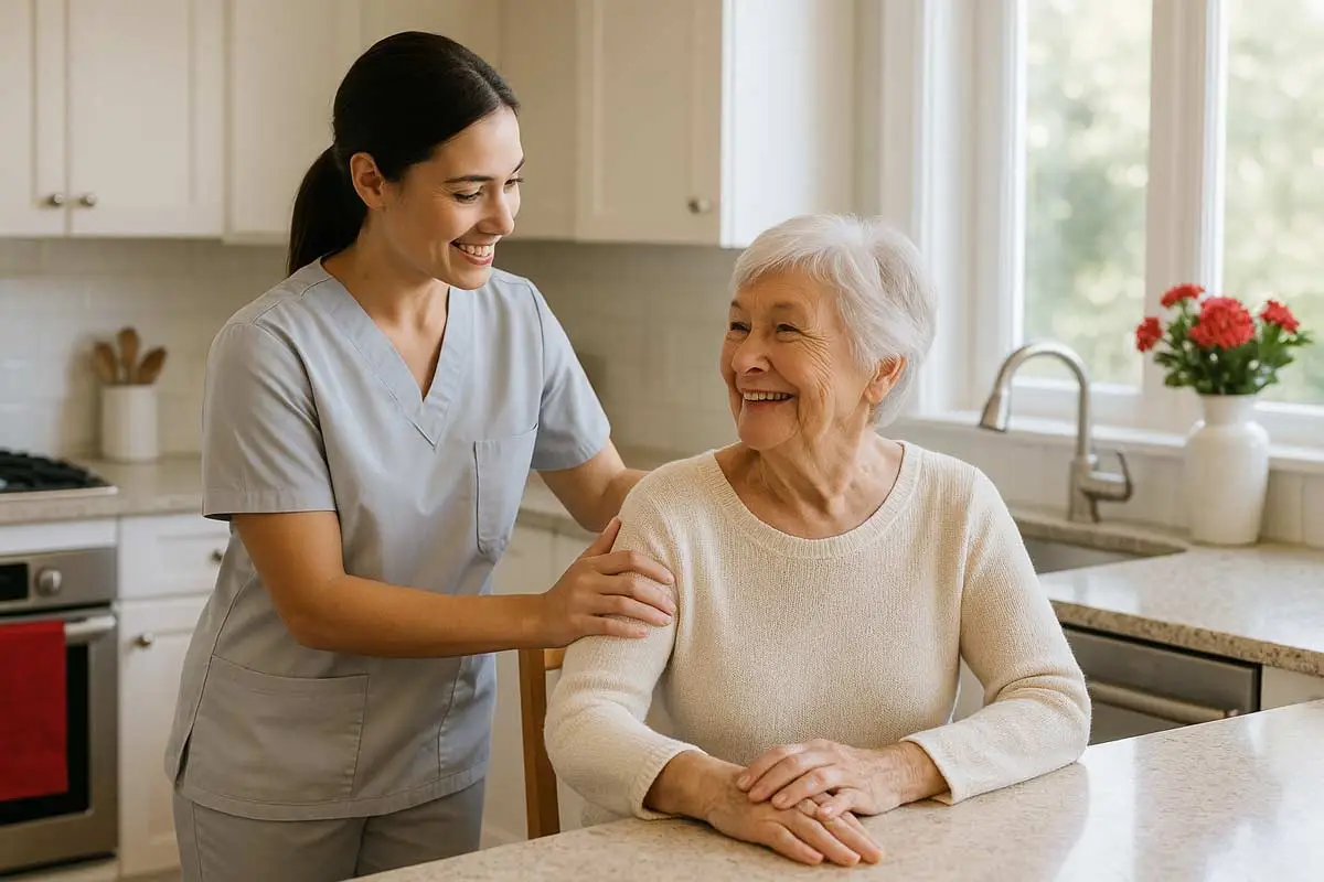 Home Caregiver Helping Senior Woman in Kitchen - Supreme Homecare Friendly home caregiver assisting an elderly woman in a bright, modern kitchen with red and blue details, reflecting comfort and professional home care.