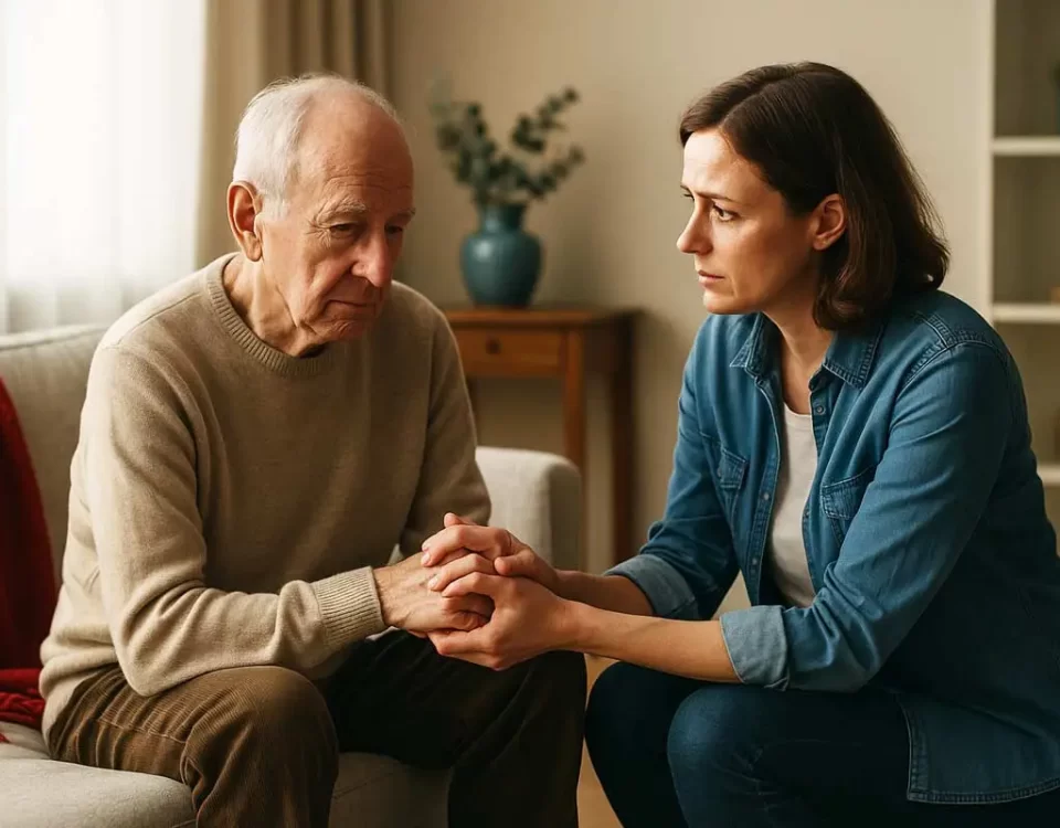 Adult daughter gently holding her elderly father’s hand in a softly lit living room with a red blanket and blue vase, symbolizing family care and emotional support.