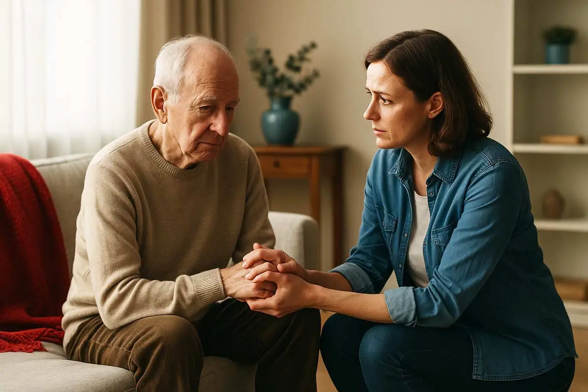 Daughter Supporting Elderly Father at Home - Supreme Homecare Adult daughter gently holding her elderly father’s hand in a softly lit living room with a red blanket and blue vase, symbolizing family care and emotional support.