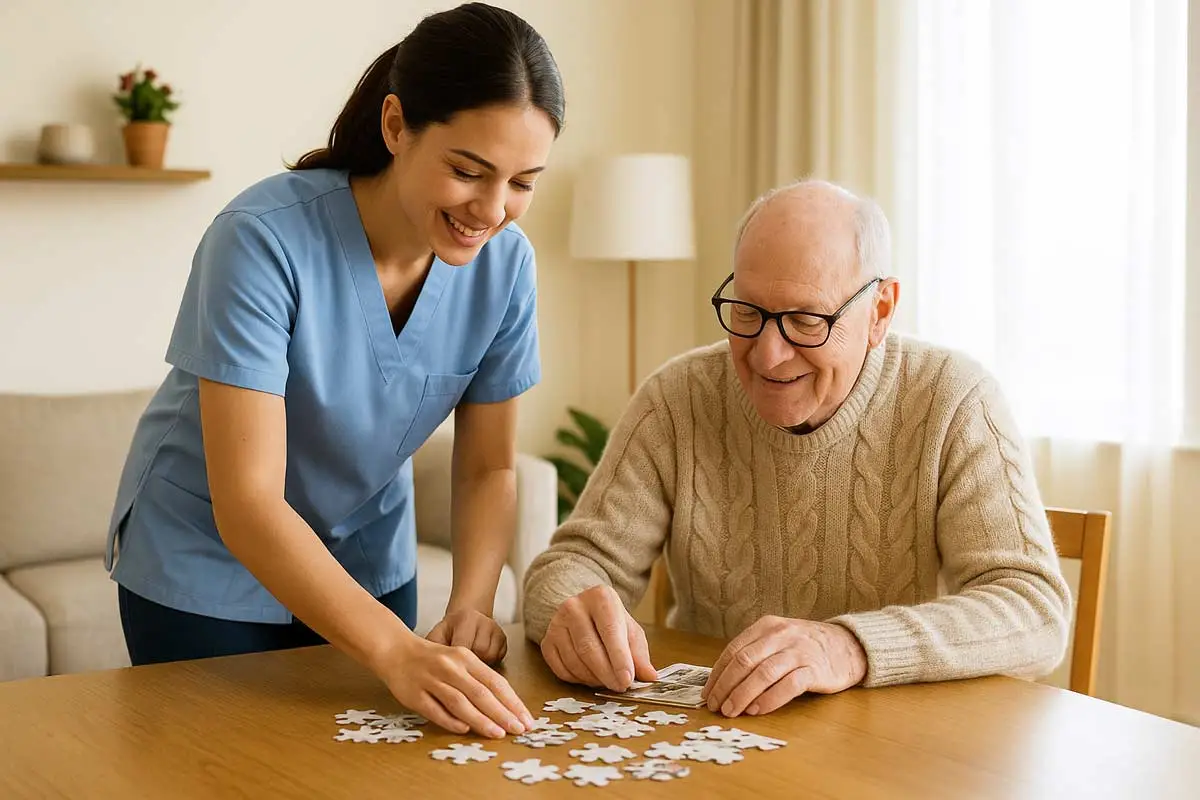 Caregiver helping an elderly man with a puzzle in a warm, naturally lit home setting, with subtle blue and red décor accents for a friendly care environment.