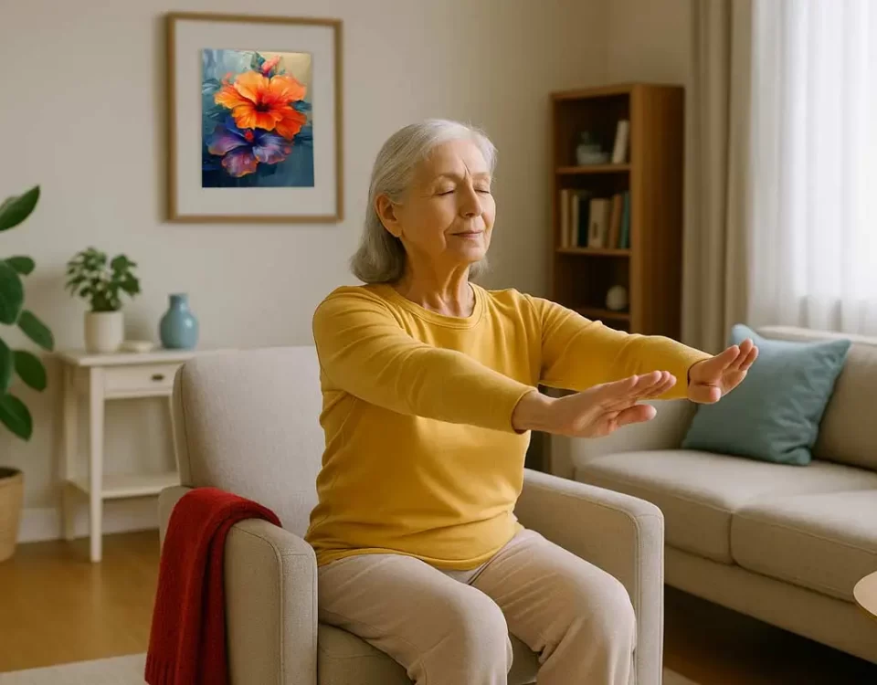 Elderly woman practicing gentle chair yoga at home with soft natural light, red throw blanket and blue vase accents, promoting calm senior wellness.