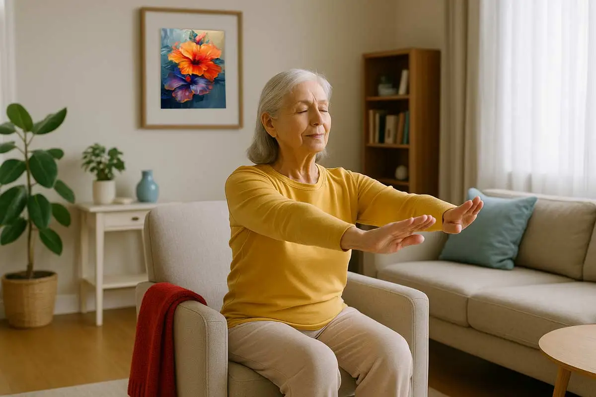 Elderly woman practicing gentle chair yoga at home with soft natural light, red throw blanket and blue vase accents, promoting calm senior wellness.
