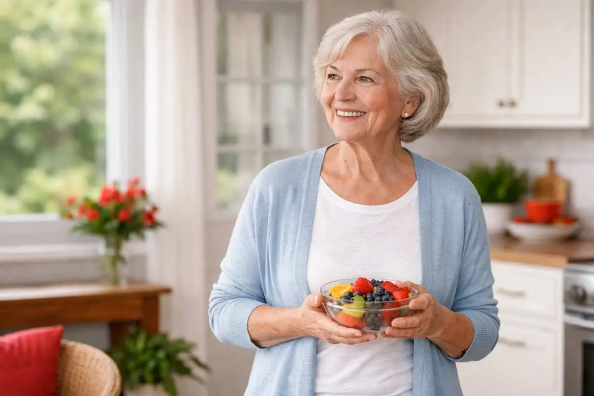 Active Senior Embracing a Healthy Lifestyle at Home - Supreme Homecare Active senior standing in a bright kitchen holding fresh fruit, representing healthy nutrition and an active senior lifestyle.