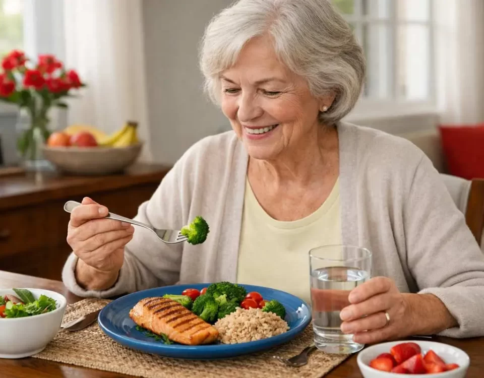 Senior enjoying a healthy, balanced meal with grilled fish, vegetables, and whole grains in a bright, welcoming home environment.