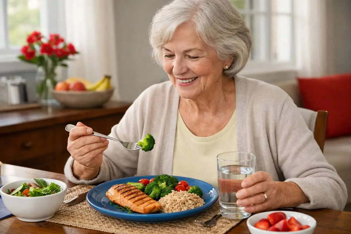 Senior Enjoying a Balanced, Nutritious Meal at Home - Supreme Homecare Senior enjoying a healthy, balanced meal with grilled fish, vegetables, and whole grains in a bright, welcoming home environment.