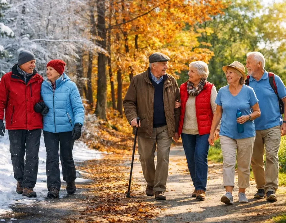 Senior moving safely inside a well-lit home designed for fall prevention, comfort, and year-round safety