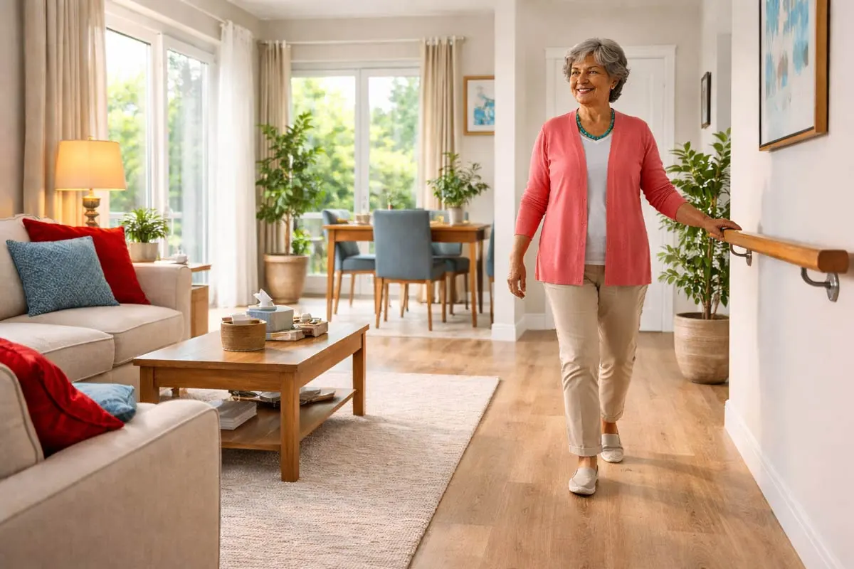 Senior Home Safety and Fall Prevention - Supreme Homecare Senior moving safely inside a well-lit home designed for fall prevention, comfort, and year-round safety