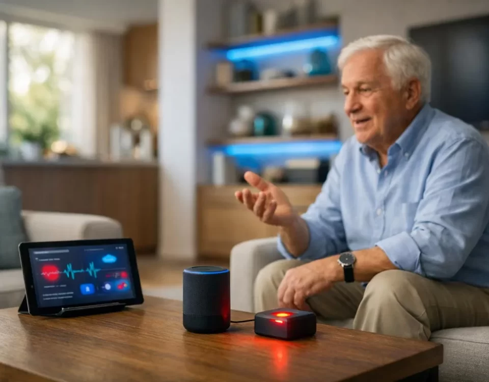 Senior using smart speaker and health tablet in modern home for safe independent living
