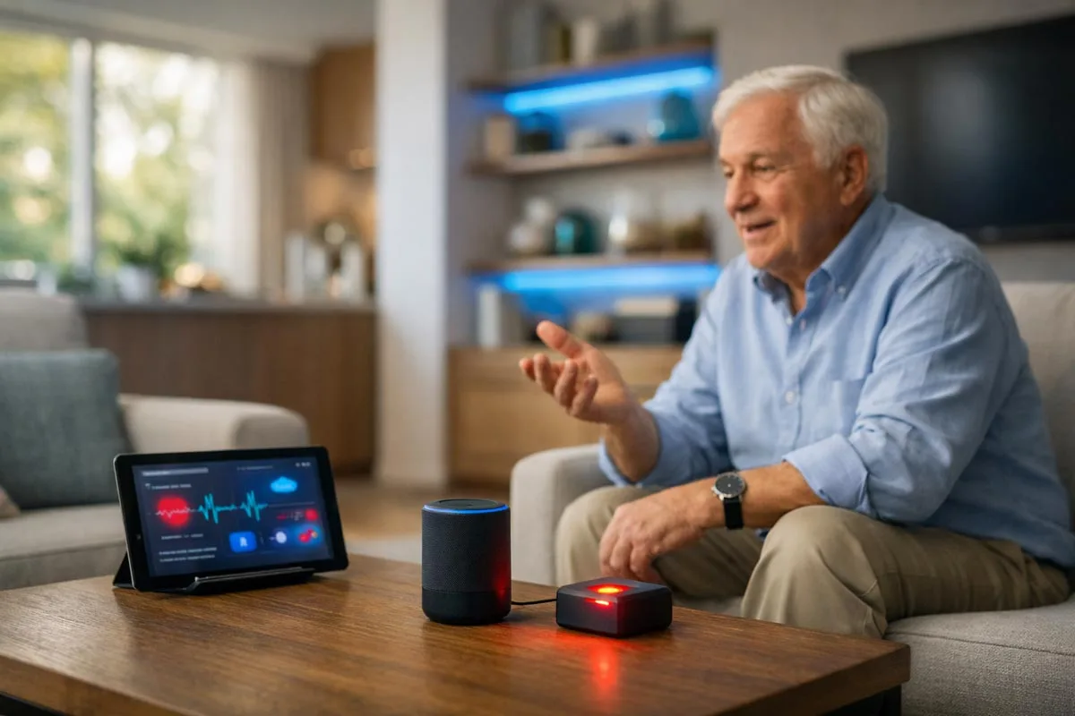 Senior using smart speaker and health tablet in modern home for safe independent living
