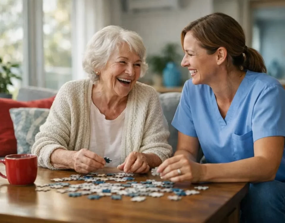 Caregiver and senior woman doing puzzle at home to boost memory and emotional well-being in a bright modern living room