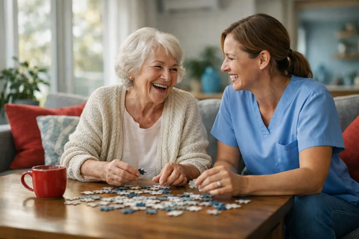 Caregiver and senior woman doing puzzle at home to boost memory and emotional well-being in a bright modern living room