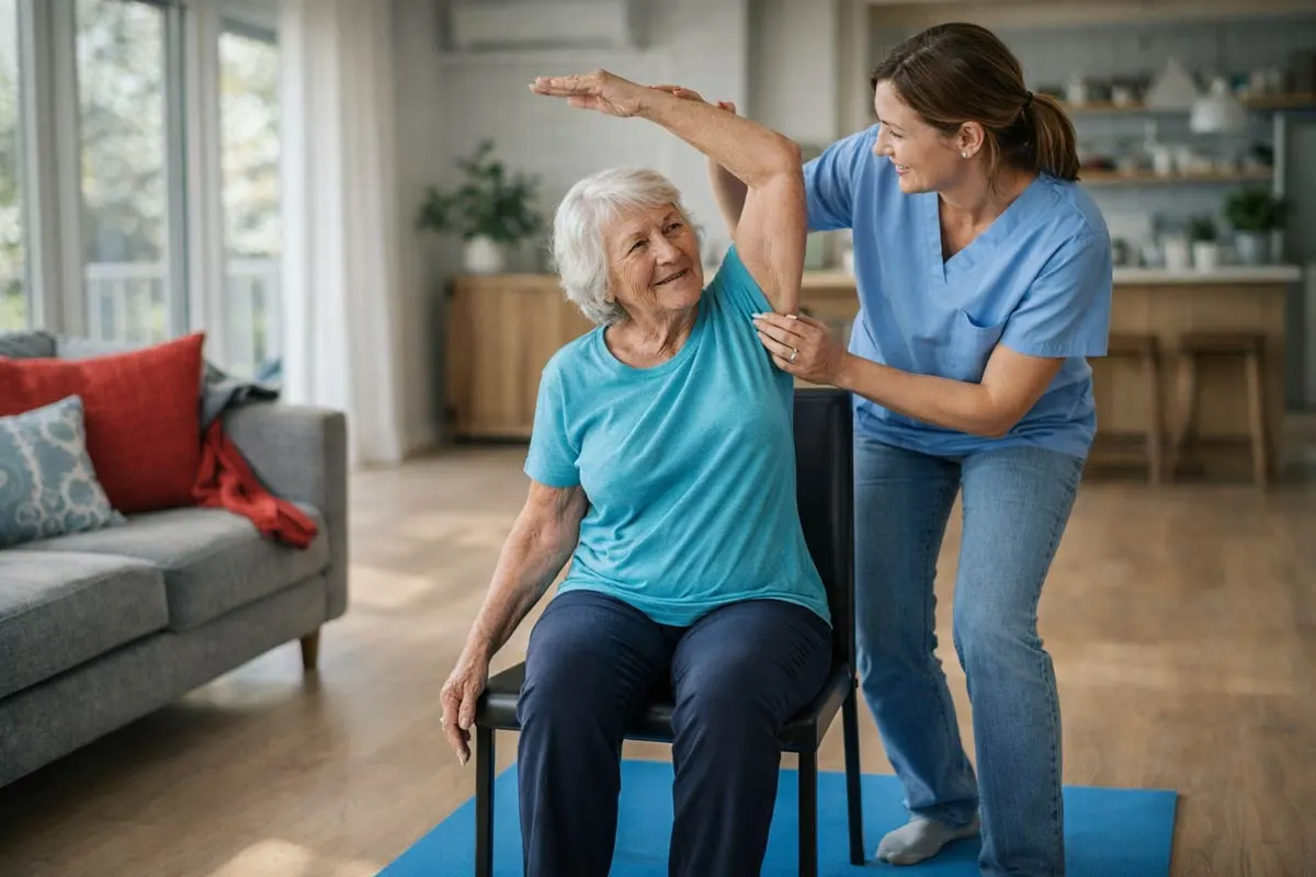 Elderly person doing chair yoga at home with caregiver support to improve mobility and senior wellness