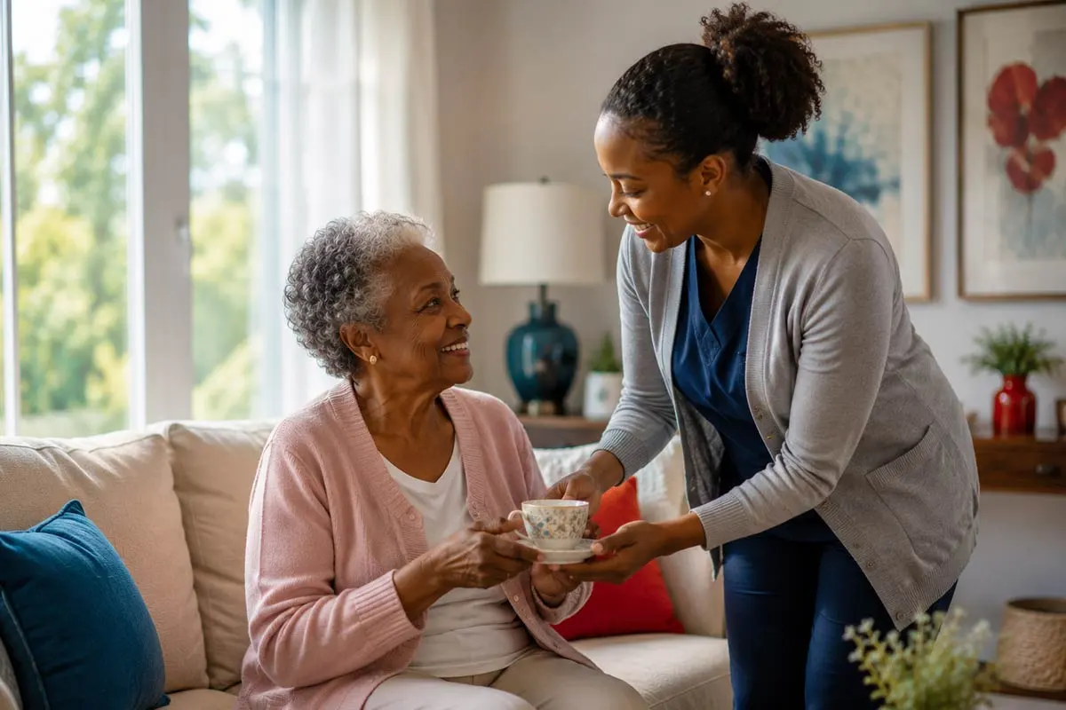 Professional caregiver sharing tea and conversation with an elderly African American woman in a bright modern living room