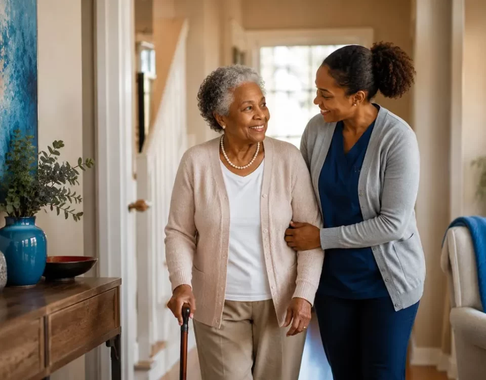 Professional caregiver assisting an elderly African American woman walking safely through a modern home hallway