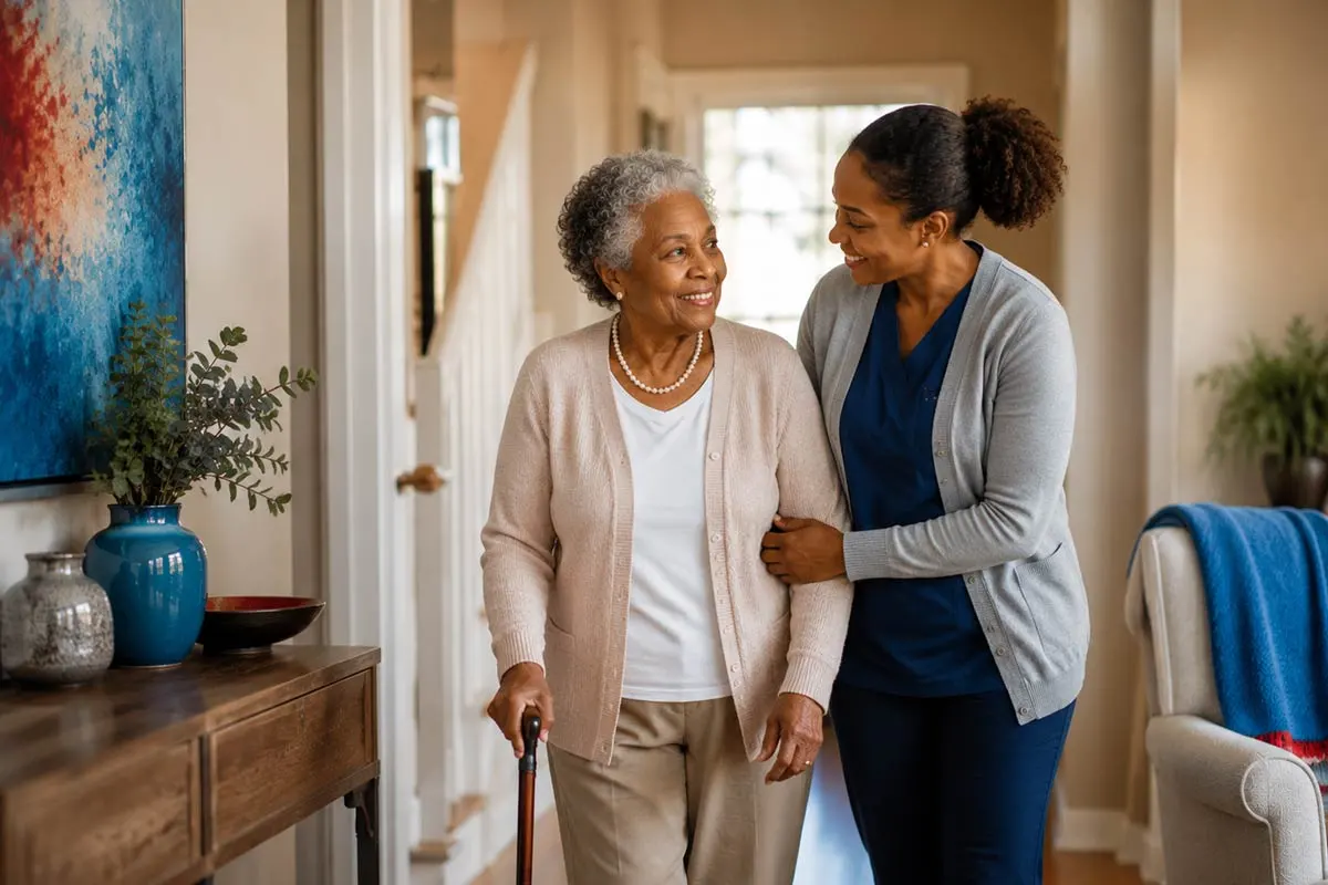 Professional caregiver assisting an elderly African American woman walking safely through a modern home hallway