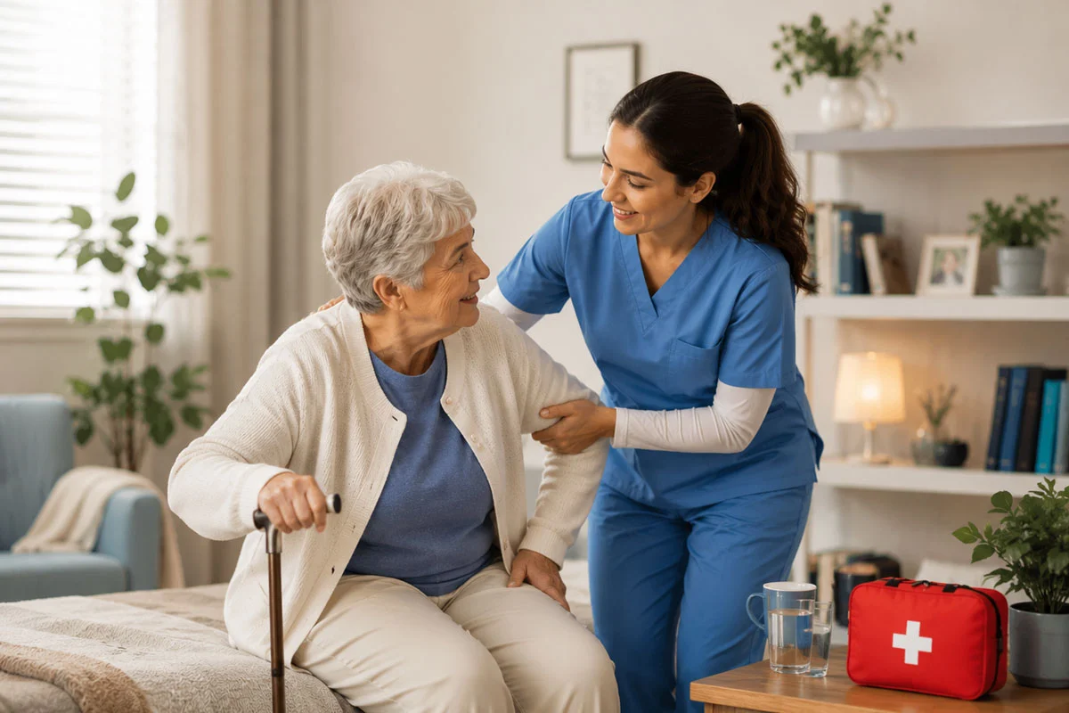 In-home caregiver assisting senior patient with post-hospital recovery and daily care
