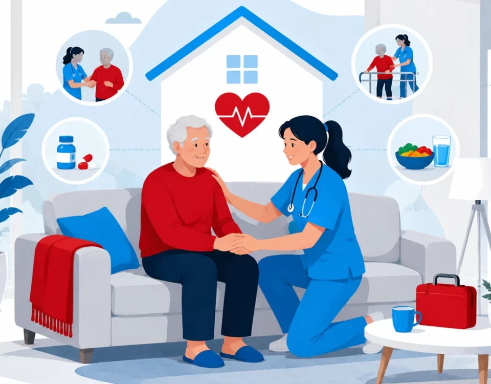 Caregiver assisting a senior with post-hospital home care recovery in a comfortable home environment