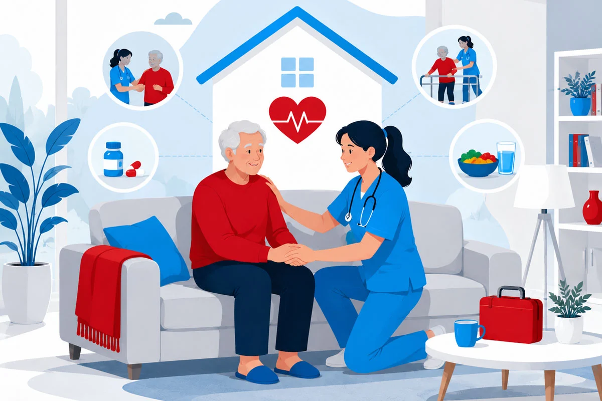 Caregiver assisting a senior with post-hospital home care recovery in a comfortable home environment