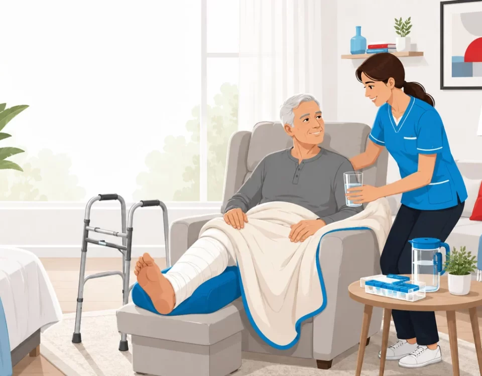 Flat-style illustration of a caregiver helping a senior woman recover at home after surgery with water, medication, and mobility support