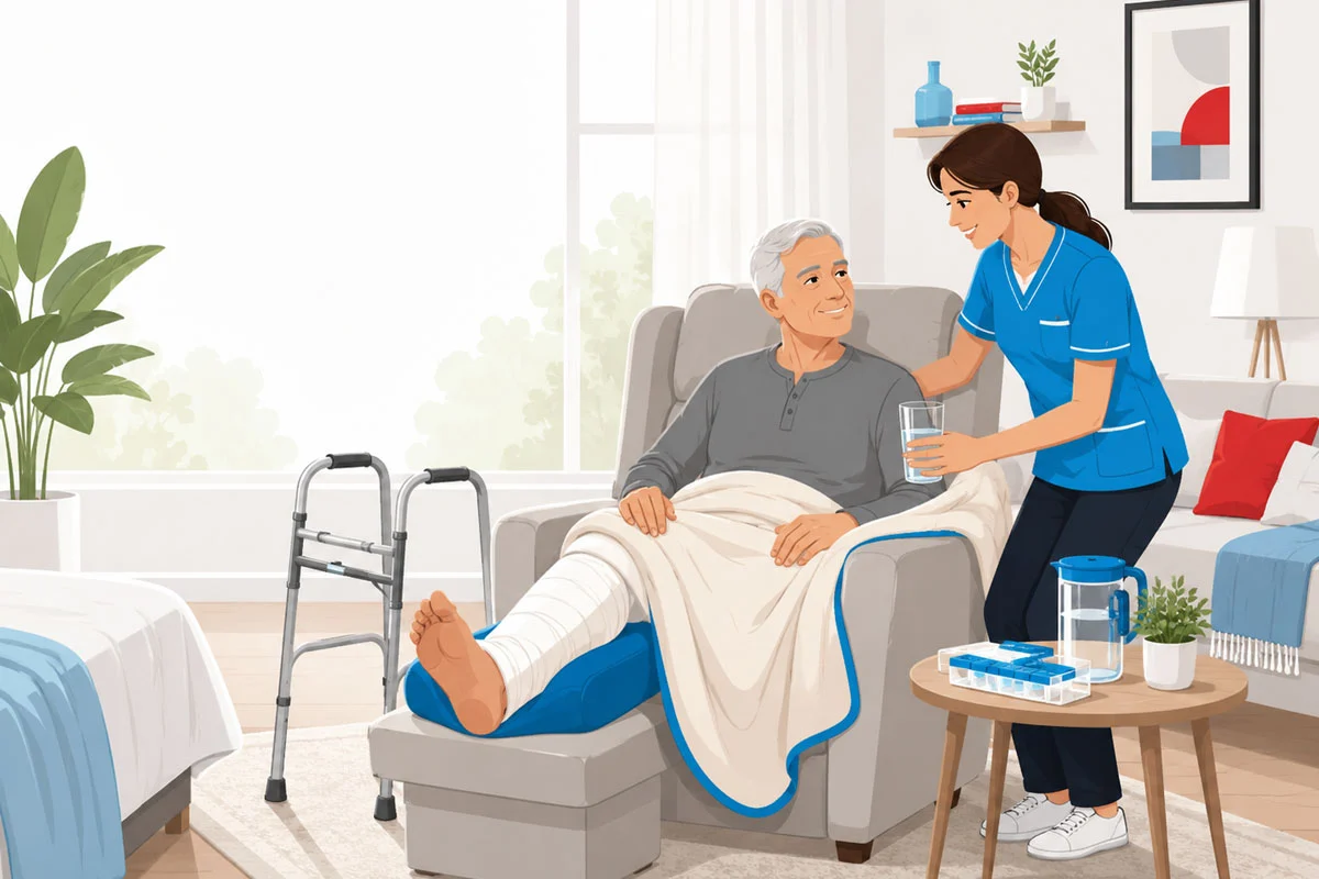 In-Home Care After Surgery for Seniors Illustration - Supreme Homecare Flat-style illustration of a caregiver helping a senior woman recover at home after surgery with water, medication, and mobility support