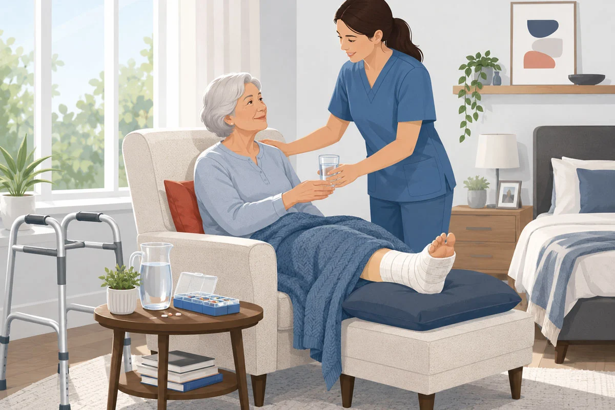 Post-Surgical Home Care for Seniors Illustration - Supreme Homecare Flat-style illustration of a caregiver assisting an elderly woman at home after surgery with medication, meals, and family support nearby