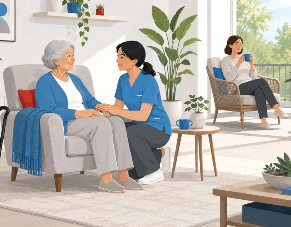 Professional respite caregiver comforting an older adult at home while a family caregiver relaxes nearby, illustrating in-home respite care for family caregivers
