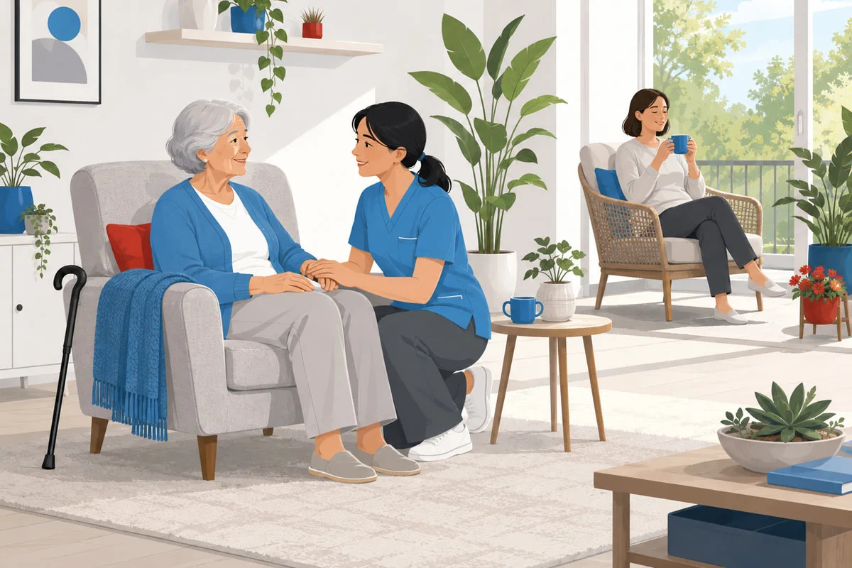 Respite Care for Family Caregivers in a Comfortable Home Setting - Supreme Homecare Professional respite caregiver comforting an older adult at home while a family caregiver relaxes nearby, illustrating in-home respite care for family caregivers